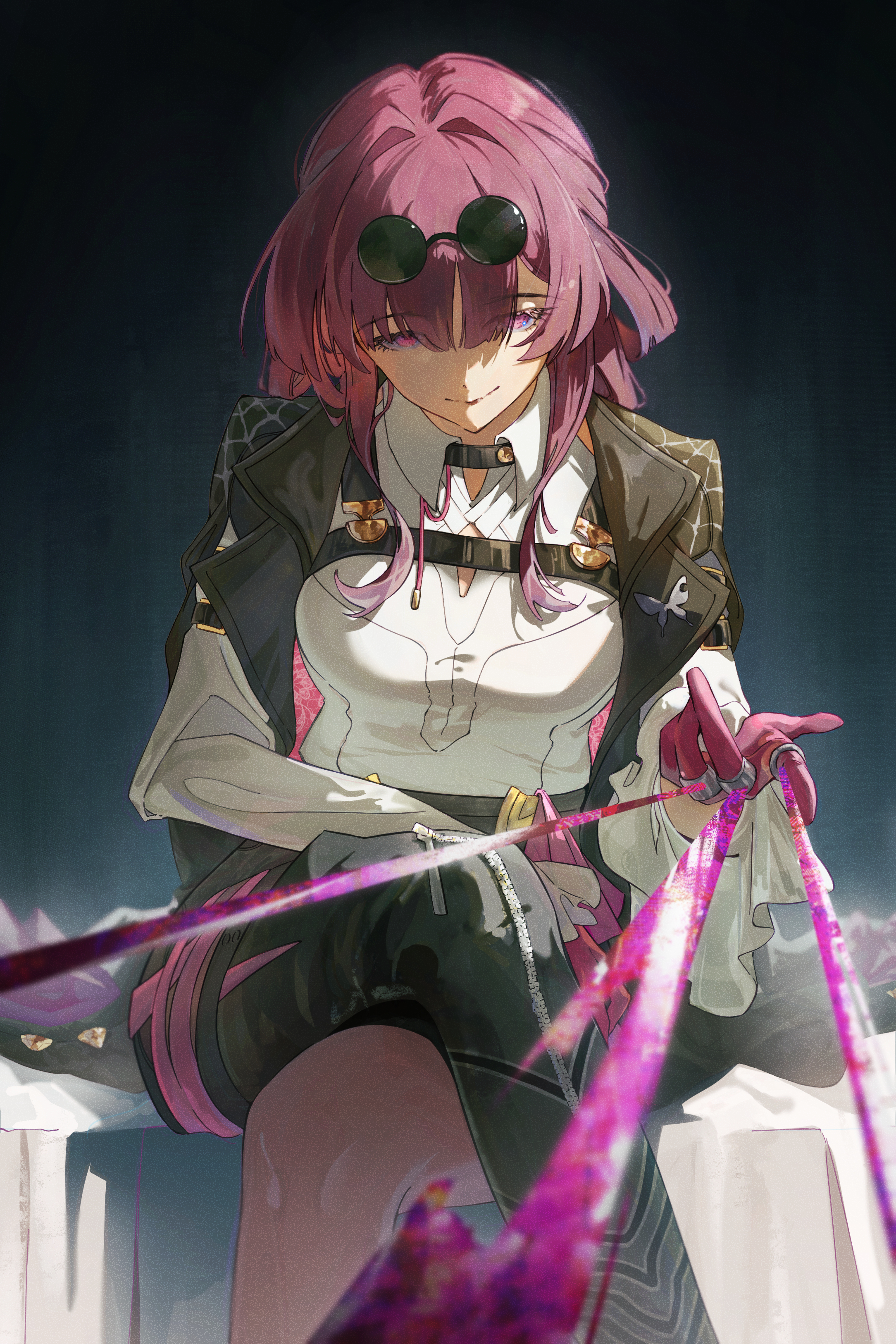 gin s, kafka (honkai: star rail), honkai: star rail, honkai (series), absurdres, highres, 1girl, black background, black boots, black jacket, boots, breasts, chest harness, crossed legs, eyewear on head, glasses, gloves, harness, jacket, large breasts, looking at viewer, pantyhose, pince-nez, purple eyes, purple gloves, purple hair, purple pantyhose, reaching, reaching towards viewer, round eyewear, shirt, single thigh boot, sitting, smile, solo, spider web print, thigh boots, thread, white shirt