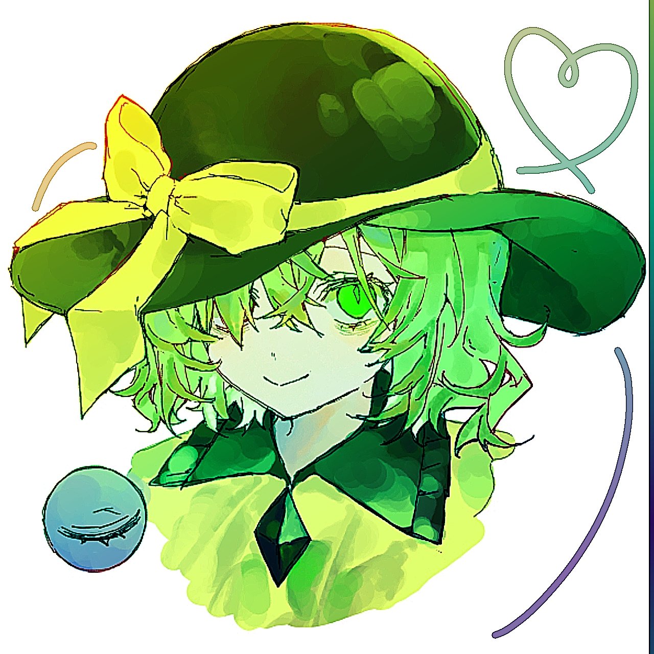 5swcf1iy8k31657, komeiji koishi, touhou, highres, 1girl, bags under eyes, black hat, buttons, diamond button, eyeball, frilled shirt collar, frills, green eyes, green hair, hair over one eye, hat, hat ribbon, heart, heart of string, ribbon, shirt, smile, third eye, white background, yellow ribbon, yellow shirt