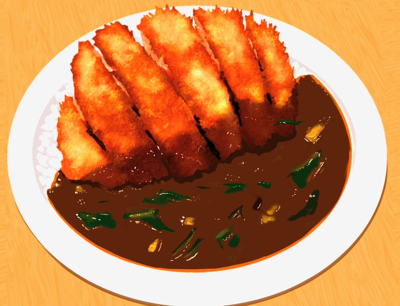 frying-ammonite, original, commentary request, curry, cutlet, food, food focus, katsu (food), katsu curry, no humans, plate, rice, still life, table