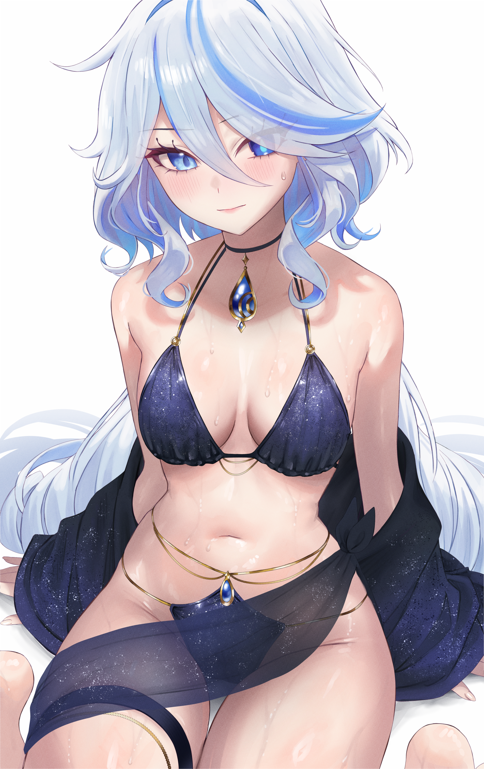 vitaminechan, furina (genshin impact), genshin impact, absurdres, commentary, english commentary, highres, 1girl, alternate costume, bikini, black choker, blue bikini, blue eyes, blue hair, blush, breasts, choker, cleavage, closed mouth, collarbone, grey hair, hair between eyes, jewelry, long hair, looking at viewer, medium breasts, multicolored hair, navel, sitting, solo, sweat, swimsuit, thighs, two-tone hair, very long hair