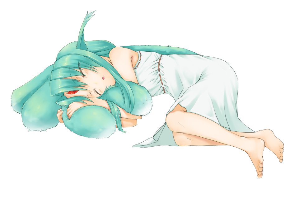pen (pen3), carbuncle (final fantasy), final fantasy, original, bad id, bad pixiv id, 1girl, animal ears, barefoot, blue hair, closed eyes, dress, facial mark, feet, female focus, forehead mark, full body, long hair, lying, on side, personification, simple background, sleeping, solo, tail, white background
