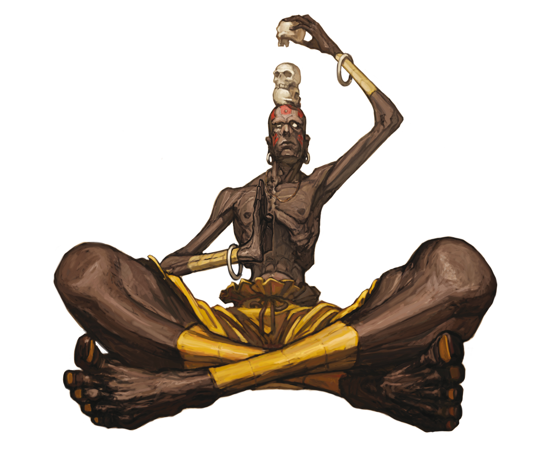 nona, dhalsim, capcom, street fighter, svc chaos, highres, official art, 1boy, balancing, bald, barefoot, crossed legs, dark-skinned male, dark skin, earrings, facepaint, feet, foreshortening, jewelry, male focus, perspective, sash, sitting, skull, solo, stacking, white eyes