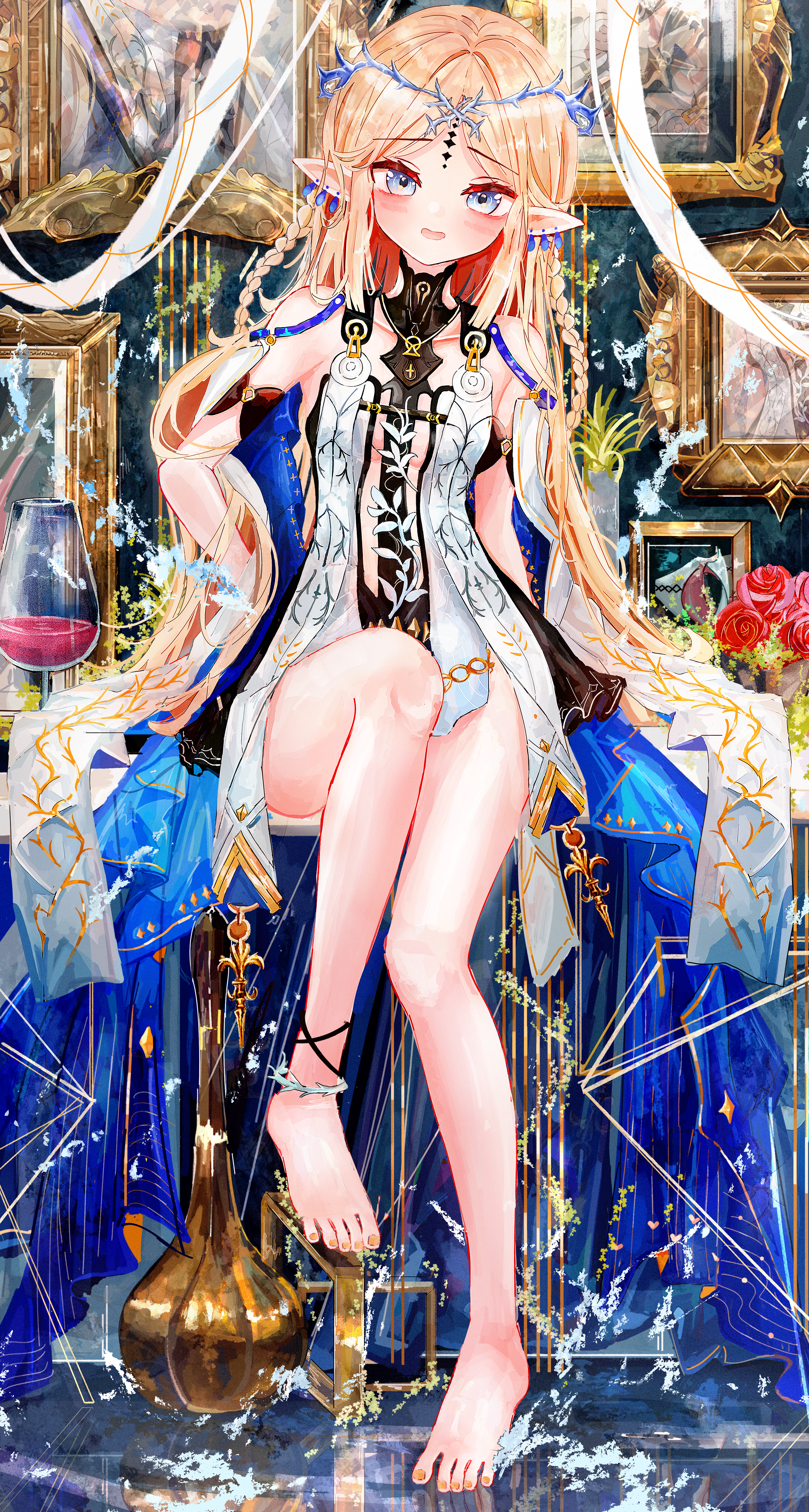aiu ., cartethyia (wuthering waves), wuthering waves, absurdres, commentary request, highres, 1girl, anklet, barefoot, blonde hair, blue eyes, breasts, dress, jewelry, long hair, open mouth, pointy ears, short dress, sitting, small breasts, solo, tacet mark (wuthering waves), toes, white dress