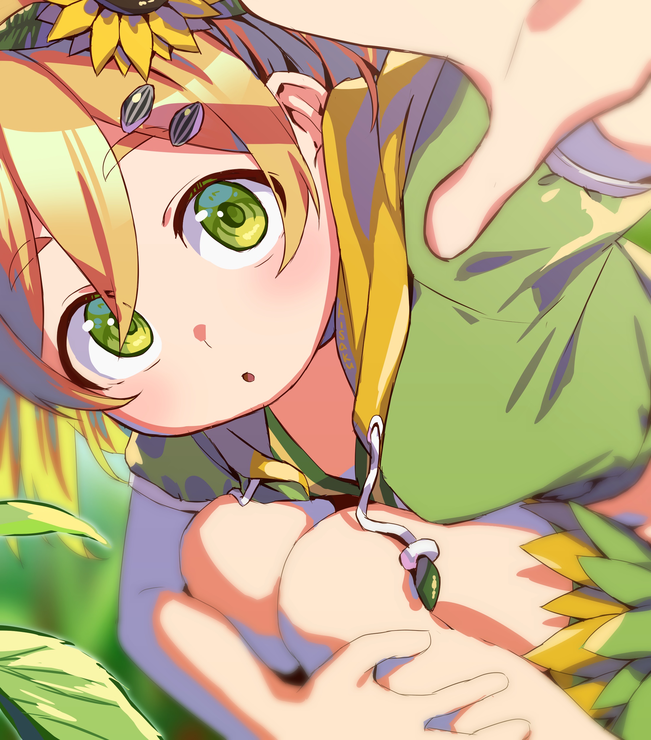 kasu yasuto, hani hima (v-dere), v-dere, absurdres, highres, 1girl, blonde hair, flower, green eyes, green jacket, hair flower, hair ornament, jacket, looking at viewer, open mouth, reaching, reaching towards viewer, seed, seed hair ornament, short sleeves, solo, squatting, sunflower, sunflower hair ornament, sunflower seed, virtual youtuber