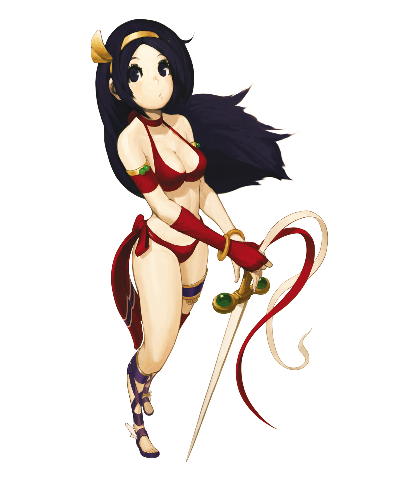 nona, princess athena, athena (series), snk, svc chaos, the king of fighters, highres, official art, 1girl, bikini, black eyes, black hair, bracelet, breasts, choker, elbow gloves, gloves, hairband, jewelry, long hair, midriff, red bikini, ribbon, sandals, swimsuit, sword, weapon