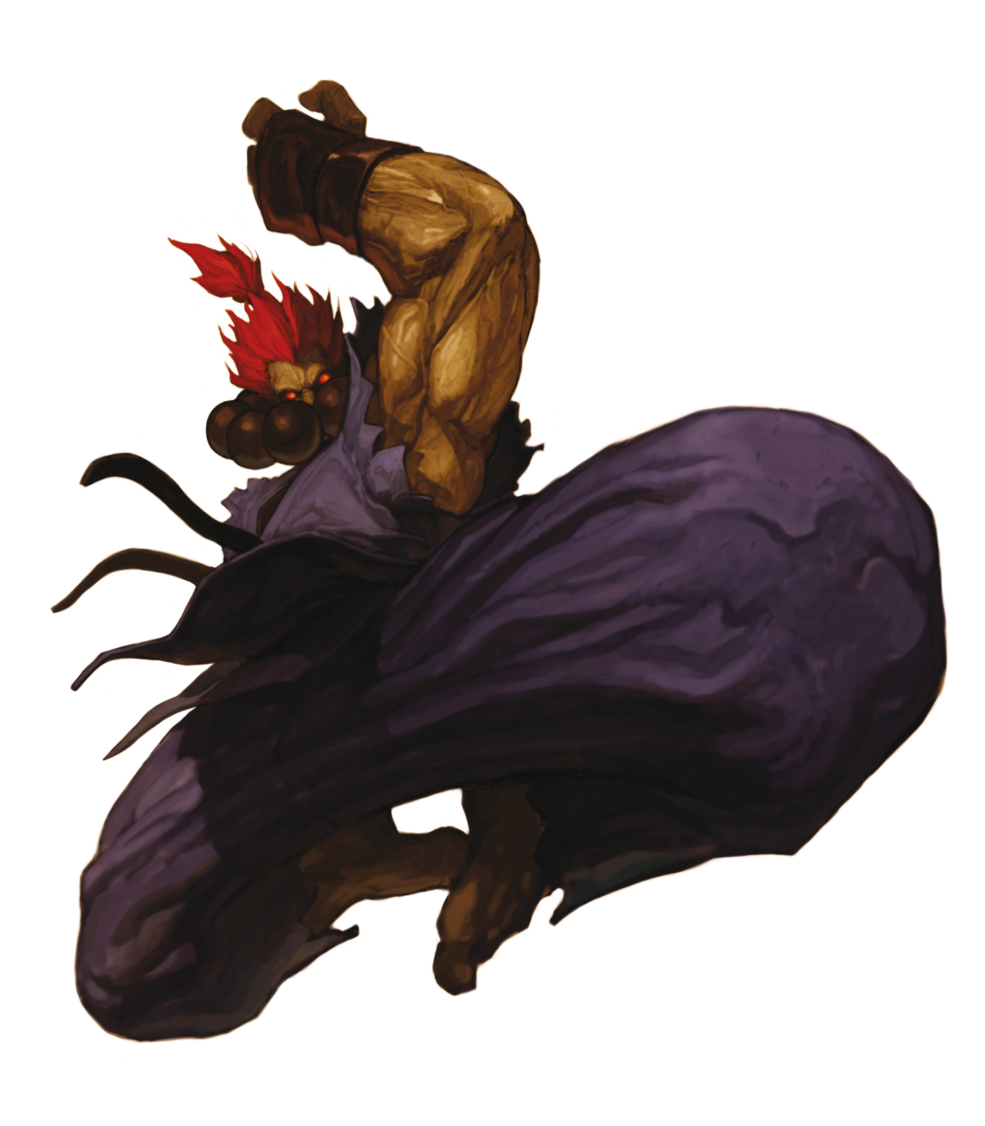 nona, akuma (street fighter), capcom, street fighter, svc chaos, highres, official art, 1boy, barefoot, beads, dougi, full body, glowing, glowing eyes, jumping, male focus, muscular, orange eyes, prayer beads, red hair, simple background, sleeveless, solo, torn clothes, torn sleeves, white background