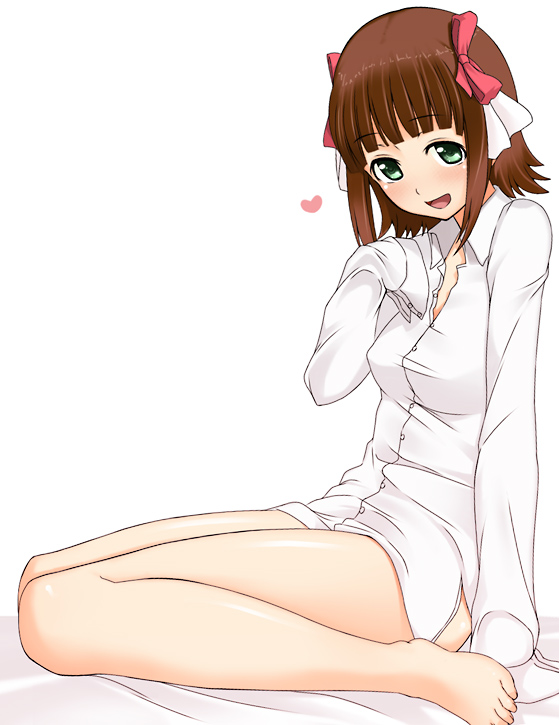kazuto san, amami haruka, idolmaster, idolmaster (classic), idolmaster 1, bad id, bad pixiv id, 00s, 1girl, barefoot, blush, bottomless, brown hair, female focus, green eyes, legs, naked shirt, ribbon, shirt, short hair, solo, white shirt