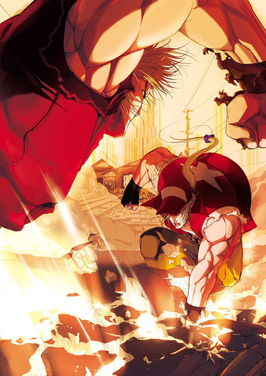 ken masters, terry bogard, capcom, capcom vs. snk, fatal fury, snk, street fighter, the king of fighters, highres, 2boys, baseball cap, battle, blonde hair, crossover, dougi, fighting, hat, male focus, manly, multiple boys, ponytail, torn clothes
