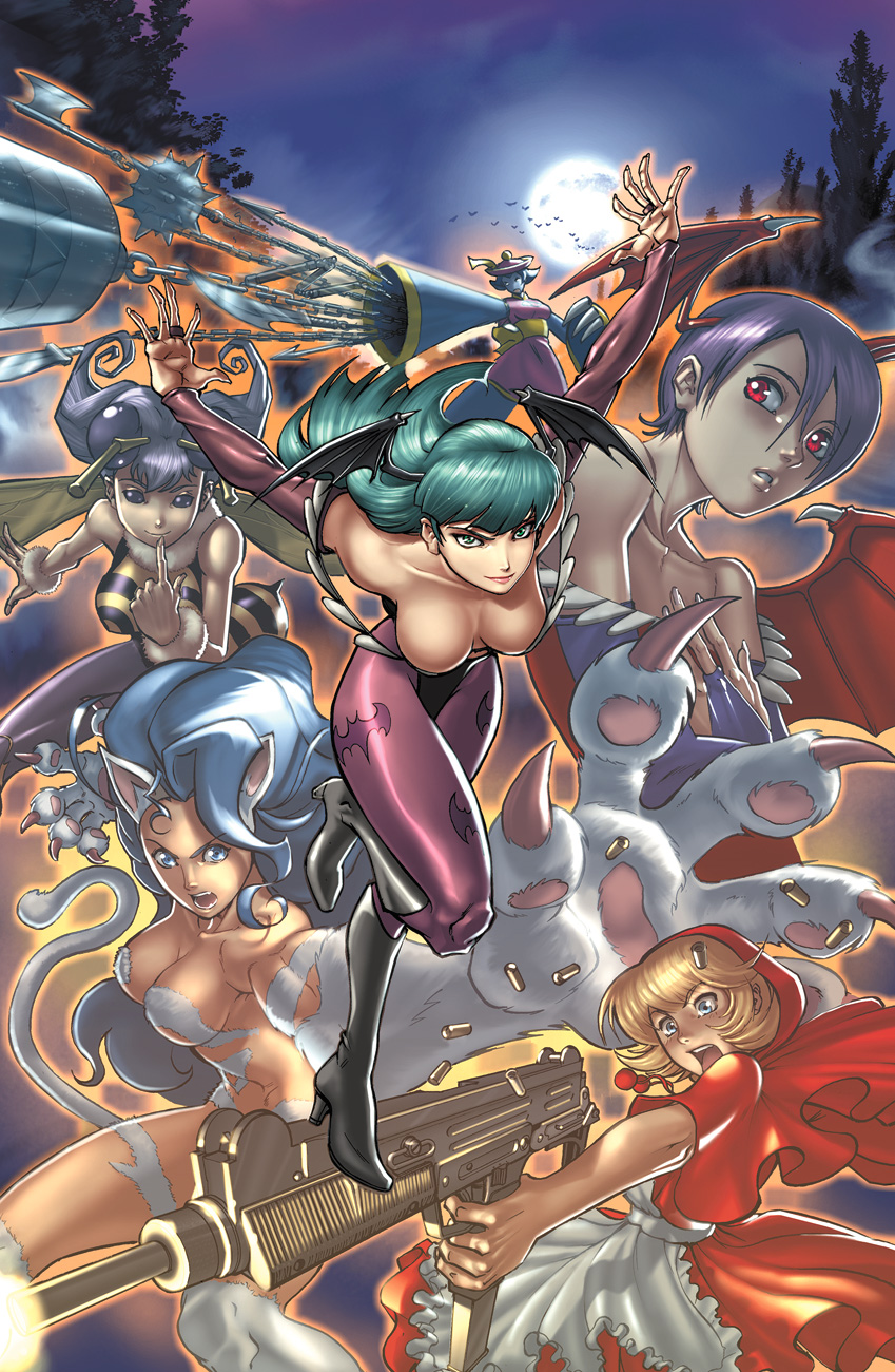 omar dogan, udon entertainment, b.b. hood, felicia (darkstalkers), hsien-ko, lilith (darkstalkers), morrigan aensland, q-bee, capcom, darkstalkers, fur, looking away, machine pistol, print legwear, purple legwear, highres, official art, 6+girls, angry, animal ears, animal hands, animal print, antennae, apron, aqua eyes, aqua hair, arthropod girl, axe, ball and chain (weapon), bare shoulders, bat (animal), bat print, bat wings, bee girl, big hair, blonde hair, blue eyes, blue hair, blue skin, boots, breasts, bridal gauntlets, bullet, casing ejection, cat ears, cat tail, chain, claws, cleavage, cloak, cloud, collarbone, colored skin, demon girl, demon wings, detached sleeves, downblouse, dress, everyone, fangs, fighting stance, finger to mouth, fingernails, firing, flat chest, floating hair, food, foreshortening, full moon, fur trim, glowing, green eyes, green hair, gun, hair between eyes, hand on another's chest, hat, head wings, high heels, highleg, highleg leotard, holding, hood, insect girl, jiangshi, knee boots, knife, large breasts, leg lift, leotard, lips, long fingernails, long hair, looking at viewer, matching hair/eyes, monster girl, moon, motion blur, multiple girls, naughty face, night, night sky, noodles, nude, nunchaku, ofuda, open mouth, outdoors, outstretched arms, pantyhose, parted lips, polearm, purple eyes, purple hair, red dress, red eyes, revealing clothes, sash, shell casing, shiny clothes, shirt, shoes, short hair, short twintails, siblings, sideboob, sisters, sky, smile, spear, spiked ball and chain, spread arms, standing, striped clothes, striped shirt, submachine gun, tail, tree, twintails, udon, uzi, wavy hair, weapon, wide sleeves, wings