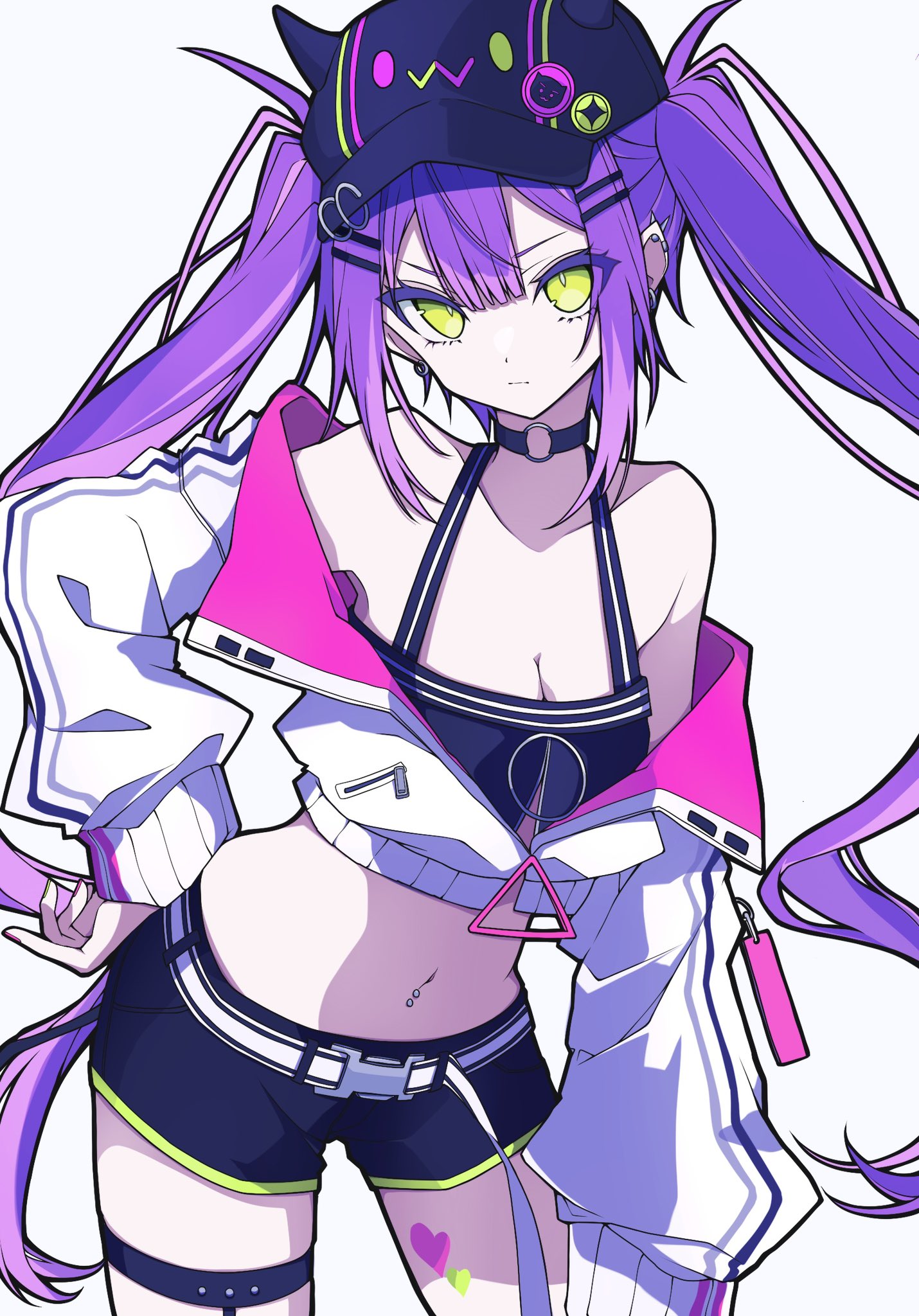 minkof nn, bibi (tokoyami towa), tokoyami towa, tokoyami towa (1st costume), hololive, highres, 0w0, 1girl, barbell piercing, bare shoulders, baseball cap, belt, black choker, black hat, black shorts, black tank top, breasts, choker, cleavage, closed mouth, collarbone, contrapposto, cowboy shot, crop top, cropped jacket, dot mouth, ear piercing, earrings, fake horns, green eyes, hair ornament, hairclip, hand on own hip, hat, heart, heart tattoo, horned headwear, horns, jacket, jewelry, leg tattoo, long hair, long sidelocks, long sleeves, looking at viewer, midriff, multicolored hair, navel, navel piercing, o-ring, o-ring choker, off shoulder, open clothes, open jacket, piercing, pink hair, pointy ears, purple hair, short shorts, shorts, sidelocks, simple background, small breasts, solo, streaked hair, tank top, tattoo, thigh strap, twintails, two-sided fabric, virtual youtuber, white background, white belt, white jacket