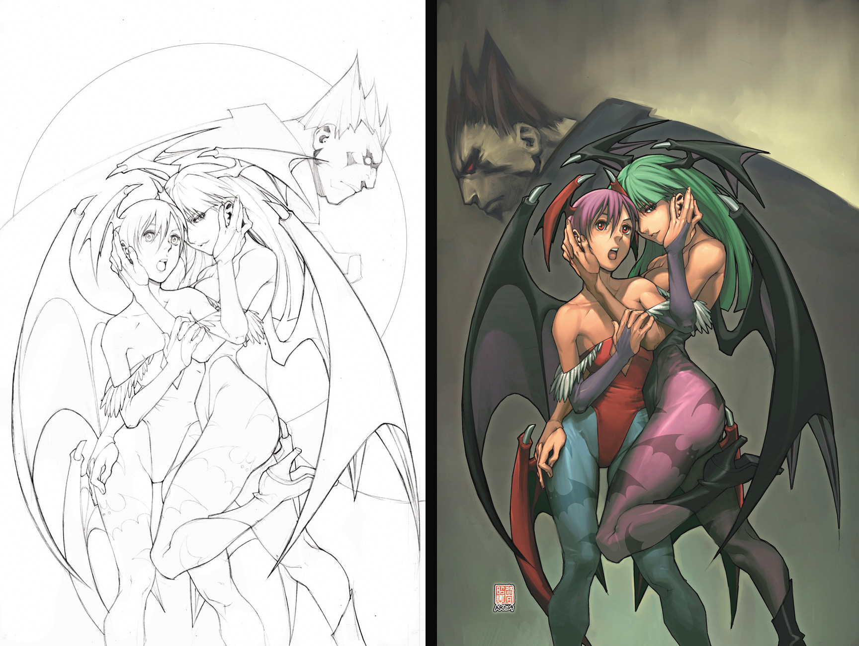 arnold tsang, udon entertainment, demitri maximoff, lilith (darkstalkers), morrigan aensland, capcom, darkstalkers, arm grab, hand on thigh, looking away, print legwear, purple legwear, highres, 1boy, 2girls, :o, animal print, bare shoulders, bat (animal), bat print, bat wings, blue pantyhose, boots, breasts, bridal gauntlets, brown hair, center opening, cleavage, collarbone, comparison, demon girl, demon wings, flat chest, frown, fur trim, green eyes, green hair, grin, hair between eyes, hand on another's face, hand on another's thigh, head wings, high heels, highleg, highleg leotard, hug, incest, large breasts, leg lift, legs, leotard, lineart, long hair, looking at viewer, looking back, monochrome, multiple girls, naughty face, open mouth, pantyhose, parted lips, patterned legwear, profile, purple hair, red eyes, red leotard, shoes, short hair, siblings, sideboob, signature, sisters, smile, spiked hair, standing, standing on one leg, vampire, wings, yuri