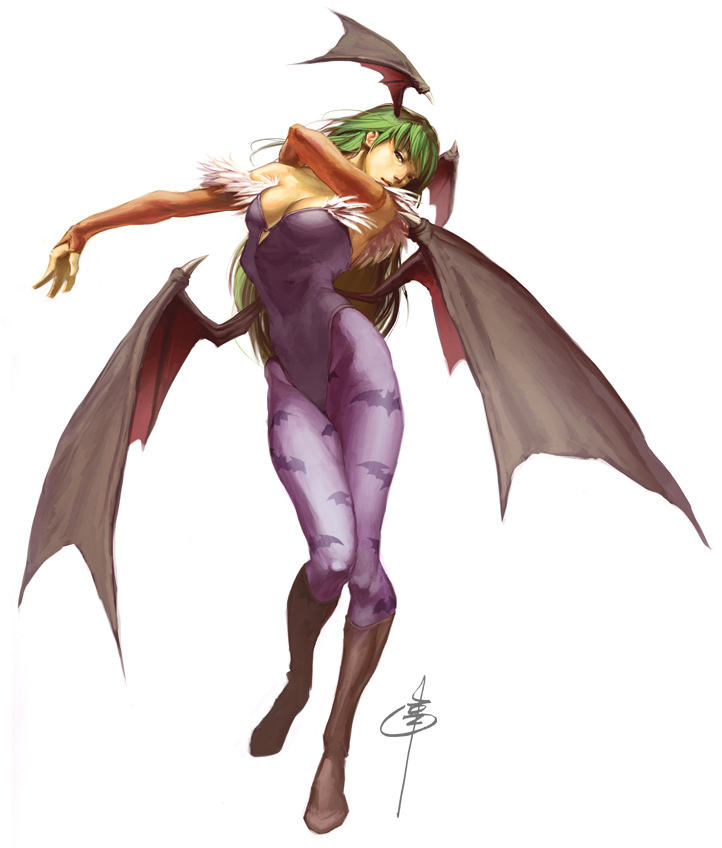 christine choi, udon entertainment, morrigan aensland, capcom, darkstalkers, official art, 1girl, animal print, arched back, bare shoulders, bat (animal), bat print, bat wings, boots, breasts, bridal gauntlets, cleavage, demon girl, demon wings, female focus, full body, fur trim, green hair, head wings, highleg, highleg leotard, knee boots, large breasts, leotard, long hair, looking at viewer, outstretched arm, pantyhose, patterned legwear, print pantyhose, purple pantyhose, short hair, signature, simple background, solo, standing, white background, wings