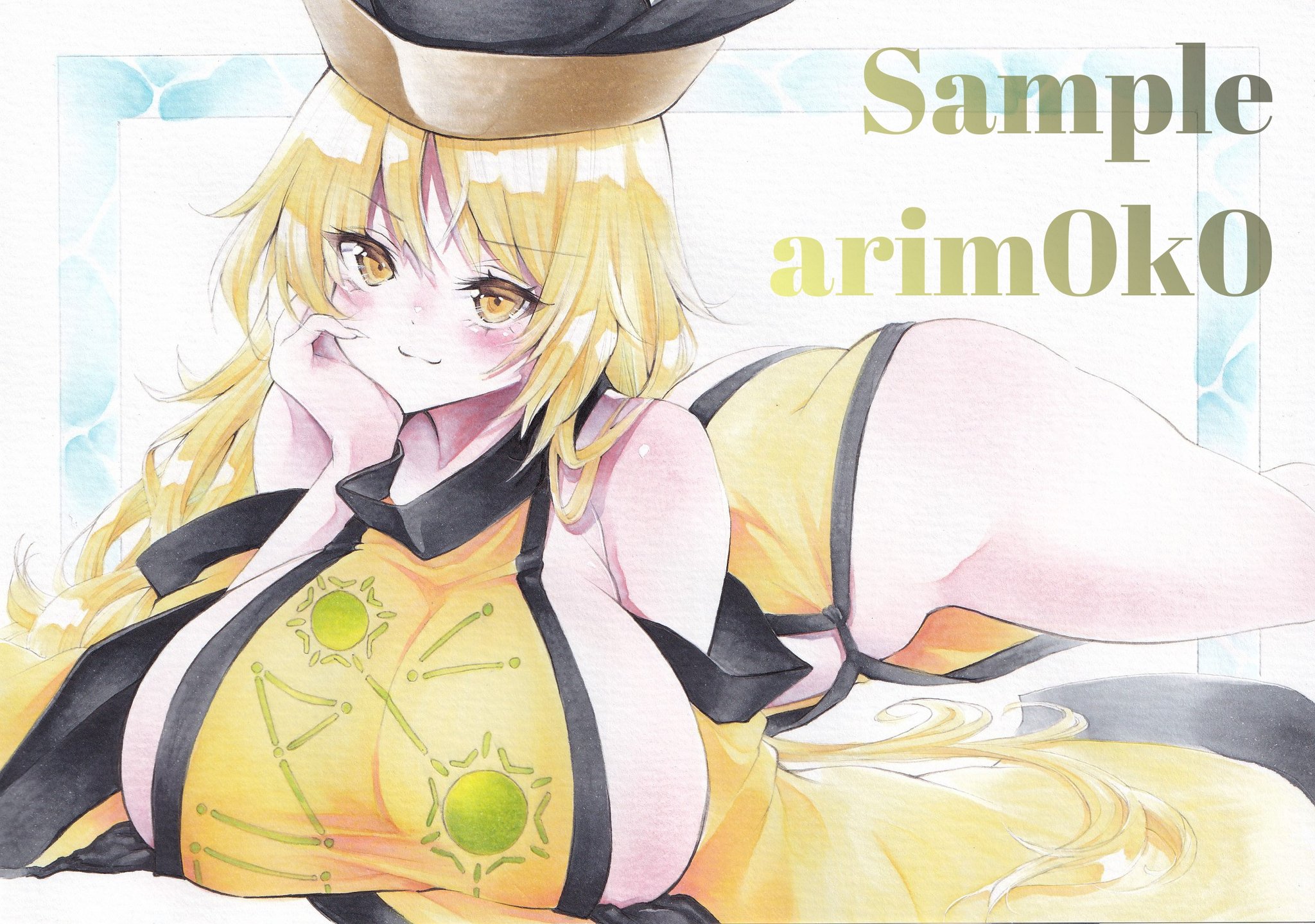 arim0k0, matara okina, touhou, commentary, highres, marker (medium), traditional media, 1girl, artist name, ass, blonde hair, blush, breasts, closed mouth, constellation print, hand on own face, hat, large breasts, long hair, looking at viewer, lying, on stomach, orange eyes, sample watermark, sideboob, solo, tabard, watermark