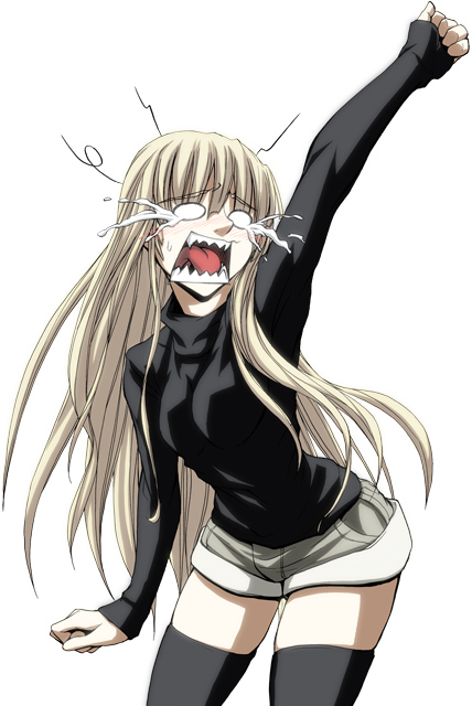 imizu (nitro unknown), evangeline a.k. mcdowell, mahou sensei negima!, 00s, 1girl, blonde hair, female focus, long hair, long sleeves, o o, shorts, solo, sweater, tears, thighhighs, very long hair