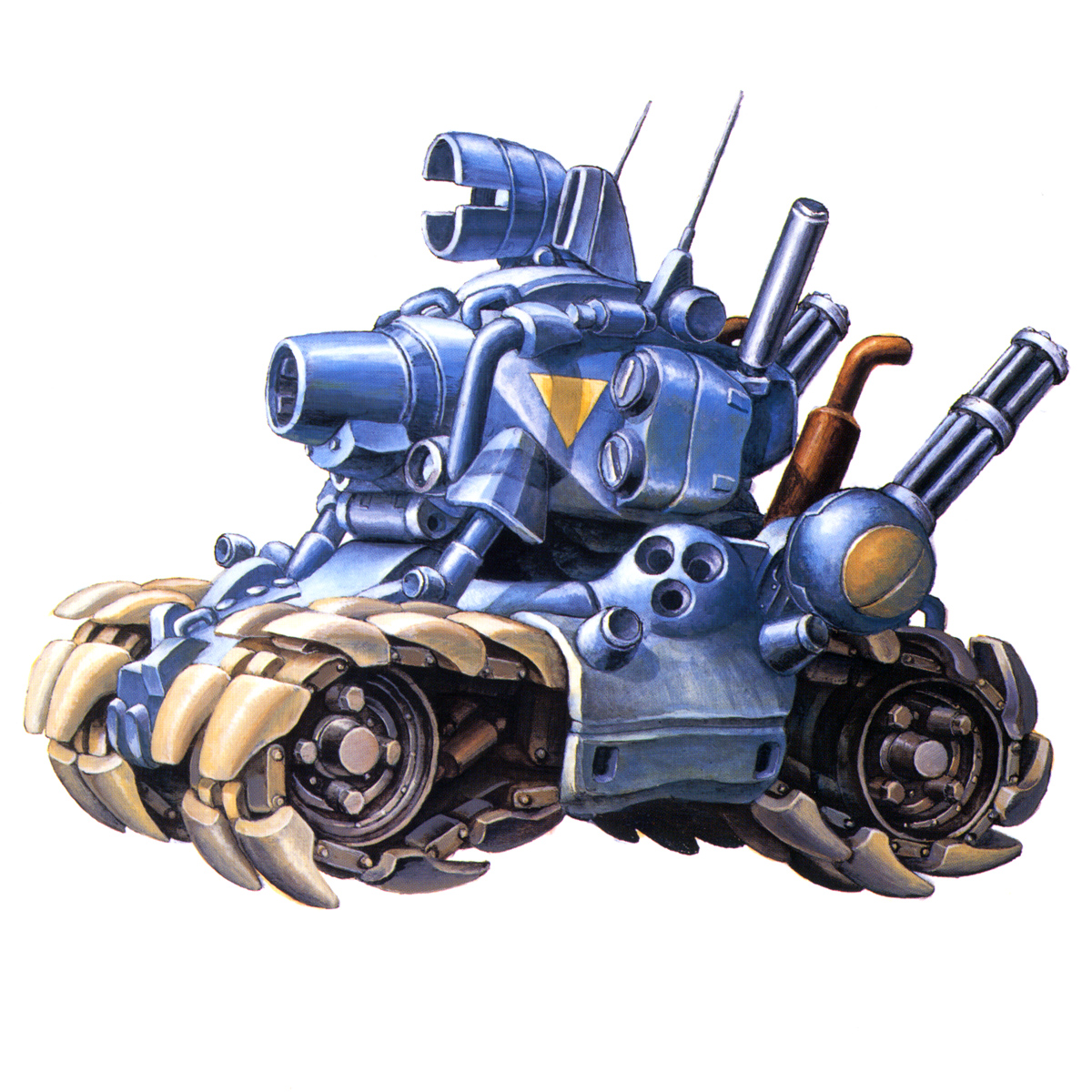 metal slug, snk, highres, official art, cannon, caterpillar tracks, gatling gun, gun, military, military vehicle, motor vehicle, no humans, simple background, sv001 (metal slug), sv001 (metalslug), tank, vehicle focus, weapon, white background