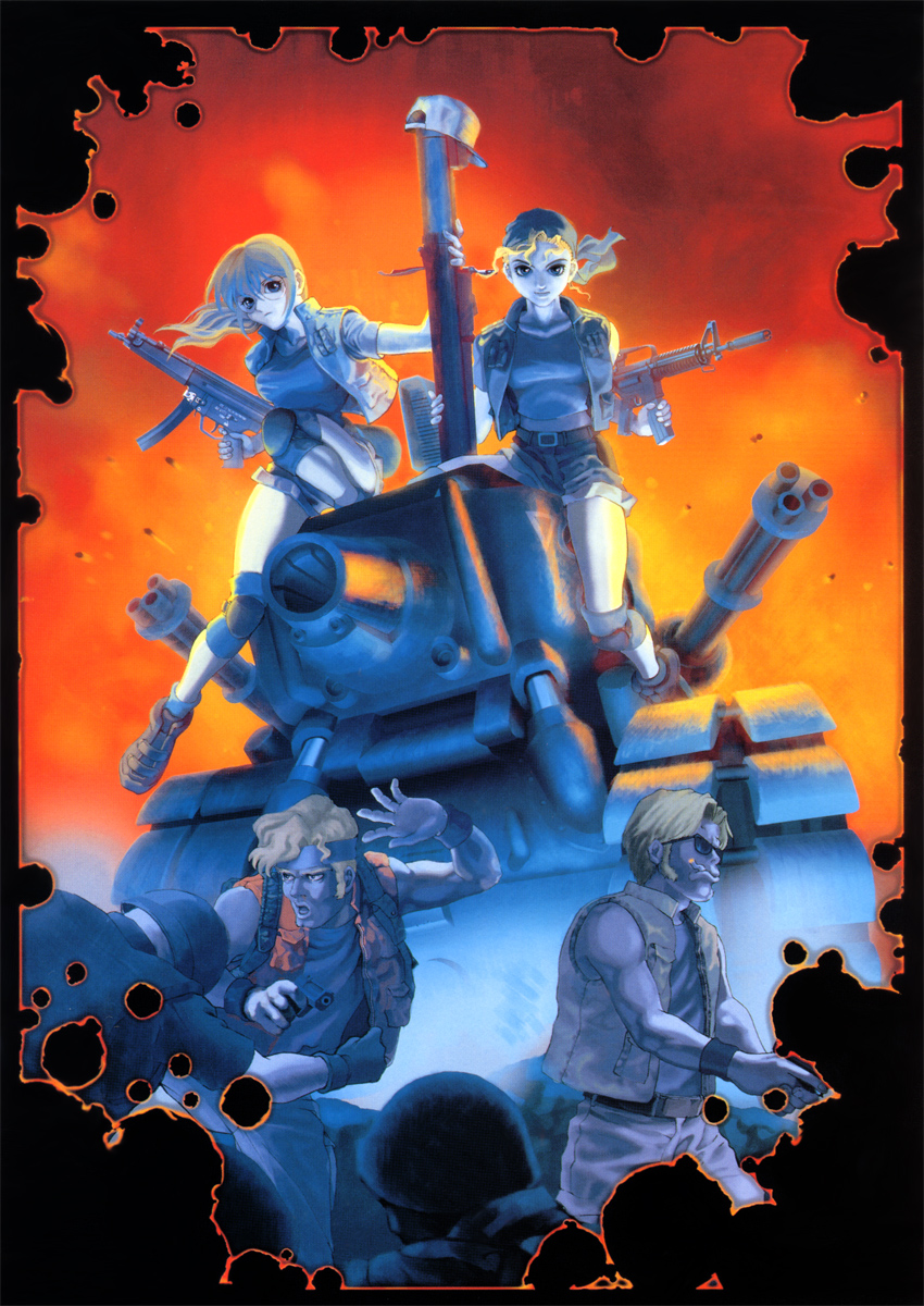 fio germi, kasamoto eri, marco rossi, tarma roving, metal slug, metal slug 2, snk, vehicle, highres, 2girls, 4boys, caterpillar tracks, glasses, gun, handgun, hat, headband, midriff, military, military vehicle, motor vehicle, multiple boys, multiple girls, on tank, pistol, short shorts, shorts, sunglasses, sv001 (metal slug), sv001 (metalslug), tank, weapon