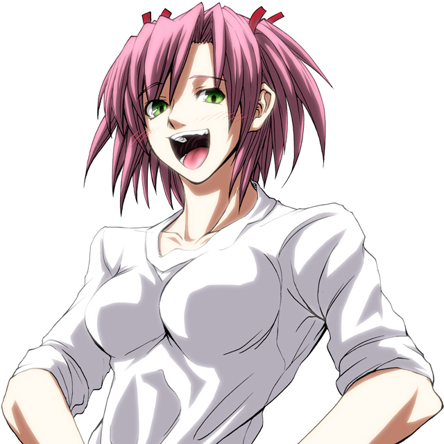 imizu (nitro unknown), sasaki makie, mahou sensei negima!, 00s, 1girl, blush, breasts, female focus, green eyes, hair ribbon, hands on own hips, laughing, open mouth, pink hair, ribbon, short hair, short twintails, simple background, sleeves rolled up, solo, teeth, tongue, twintails