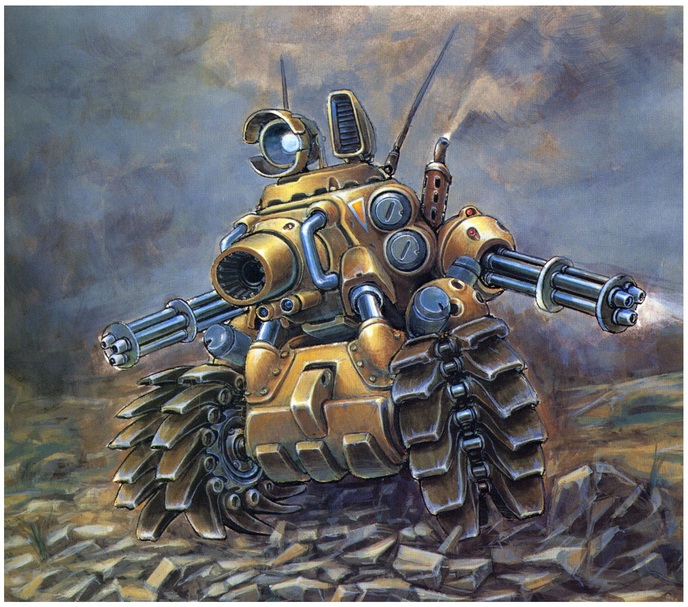 metal slug, snk, highres, official art, cannon, caterpillar tracks, cloud, dark sky, gatling gun, gun, military, military vehicle, motor vehicle, no humans, realistic, sky, sv001 (metal slug), sv001 (metalslug), tank, vehicle focus, weapon