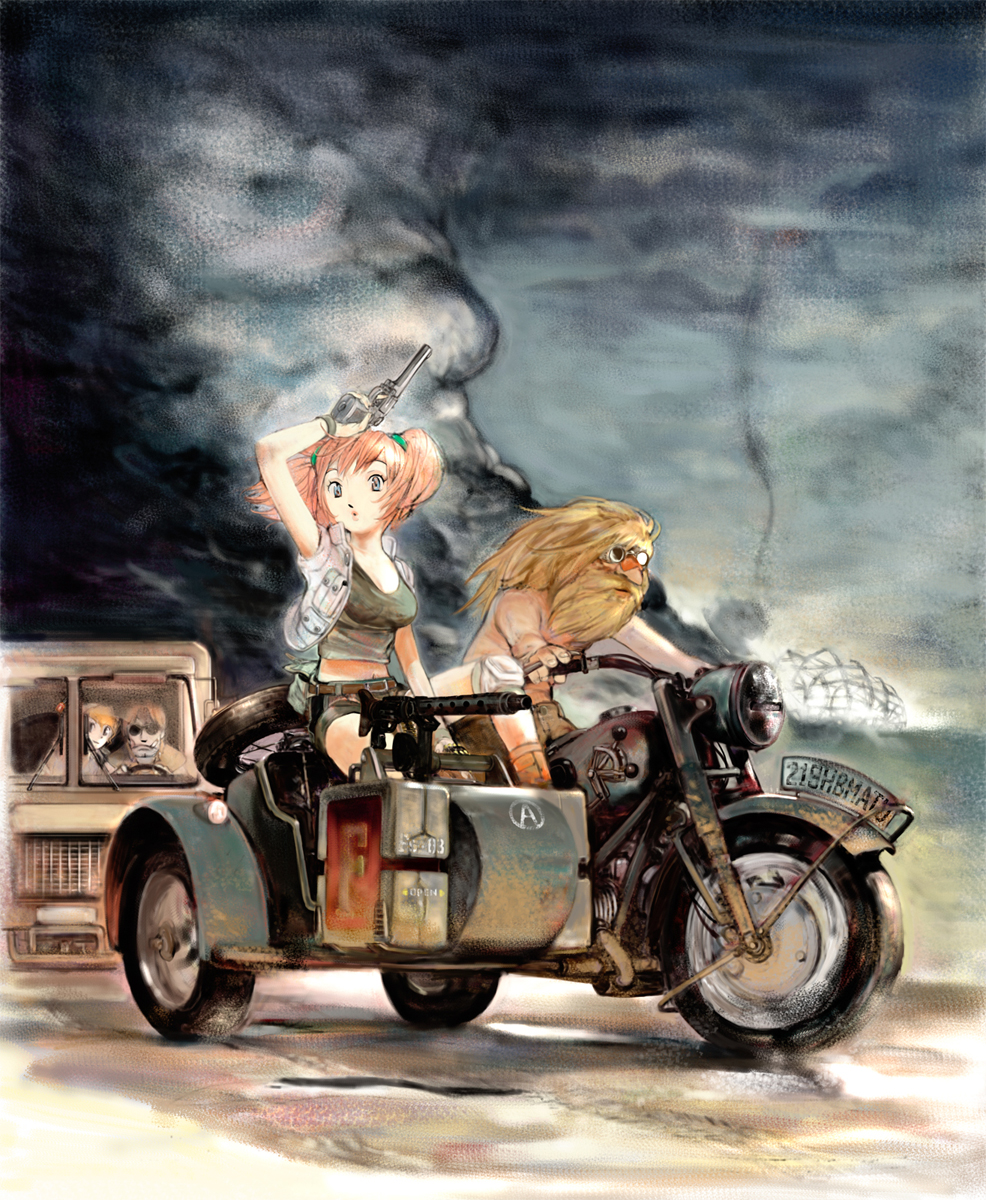 kasamoto eri, nadia cassel, prisoner of war (metal slug), tarma roving, metal slug, metal slug 4, snk, artist request, highres, official art, photoshop (medium), 2boys, 2girls, :o, beard, belt, blonde hair, breasts, car, cleavage, cloud, dark cloud, dark sky, facial hair, gun, handgun, jacket, long hair, machine gun, medium breasts, midriff, motor vehicle, motorcycle, multiple boys, multiple girls, pink hair, pistol, realistic, revolver, shirt, shorts, sidecar, sky, taut clothes, taut shirt, truck, twintails, weapon