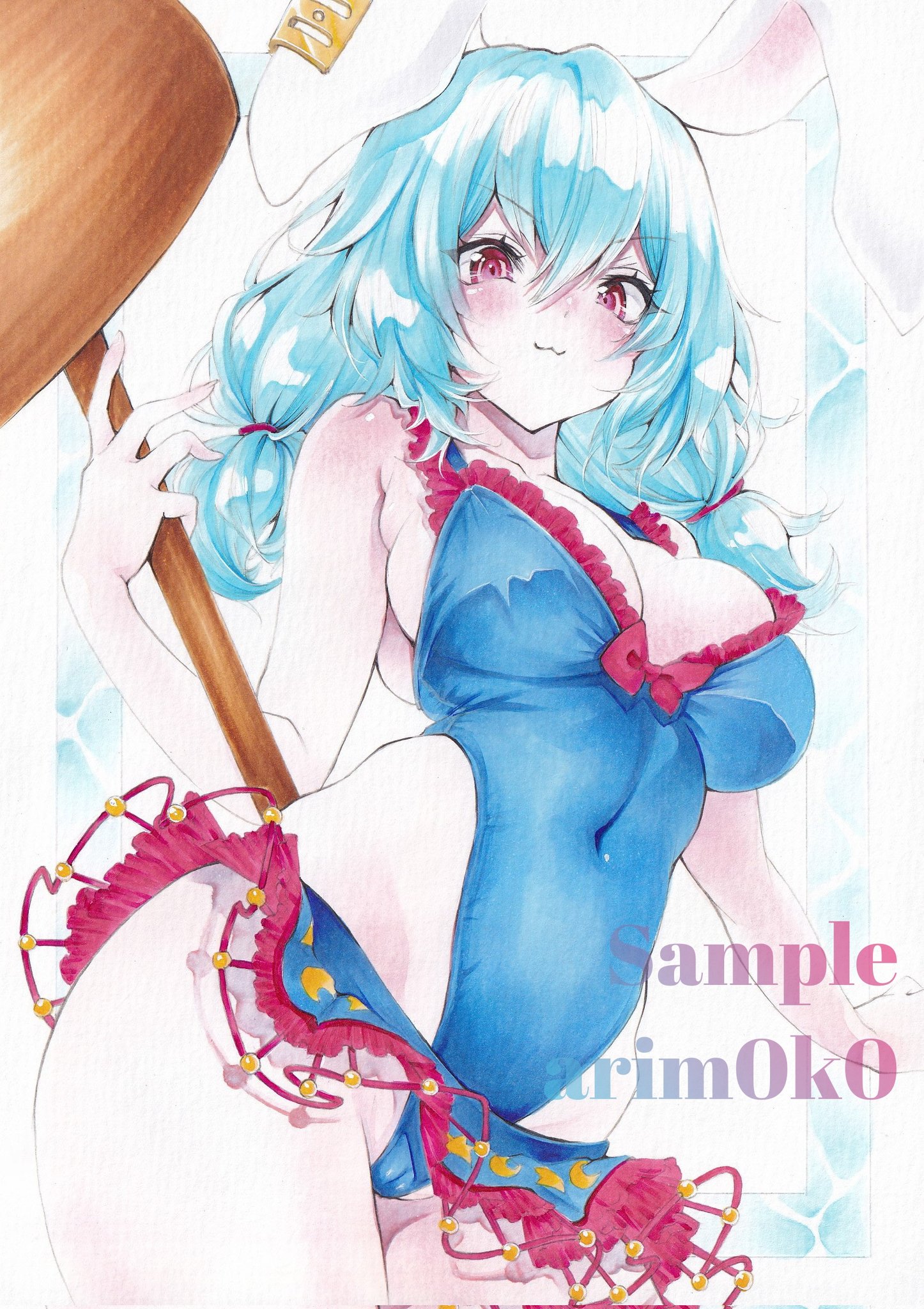 arim0k0, seiran (touhou), touhou, commentary, highres, 1girl, :3, animal ears, blue hair, blue one-piece swimsuit, blush, breasts, cleavage, closed mouth, covered navel, earclip, kine, large breasts, long hair, looking at viewer, low twintails, mallet, one-piece swimsuit, rabbit ears, rabbit girl, red eyes, skindentation, solo, swimsuit, twintails, v-shaped eyebrows
