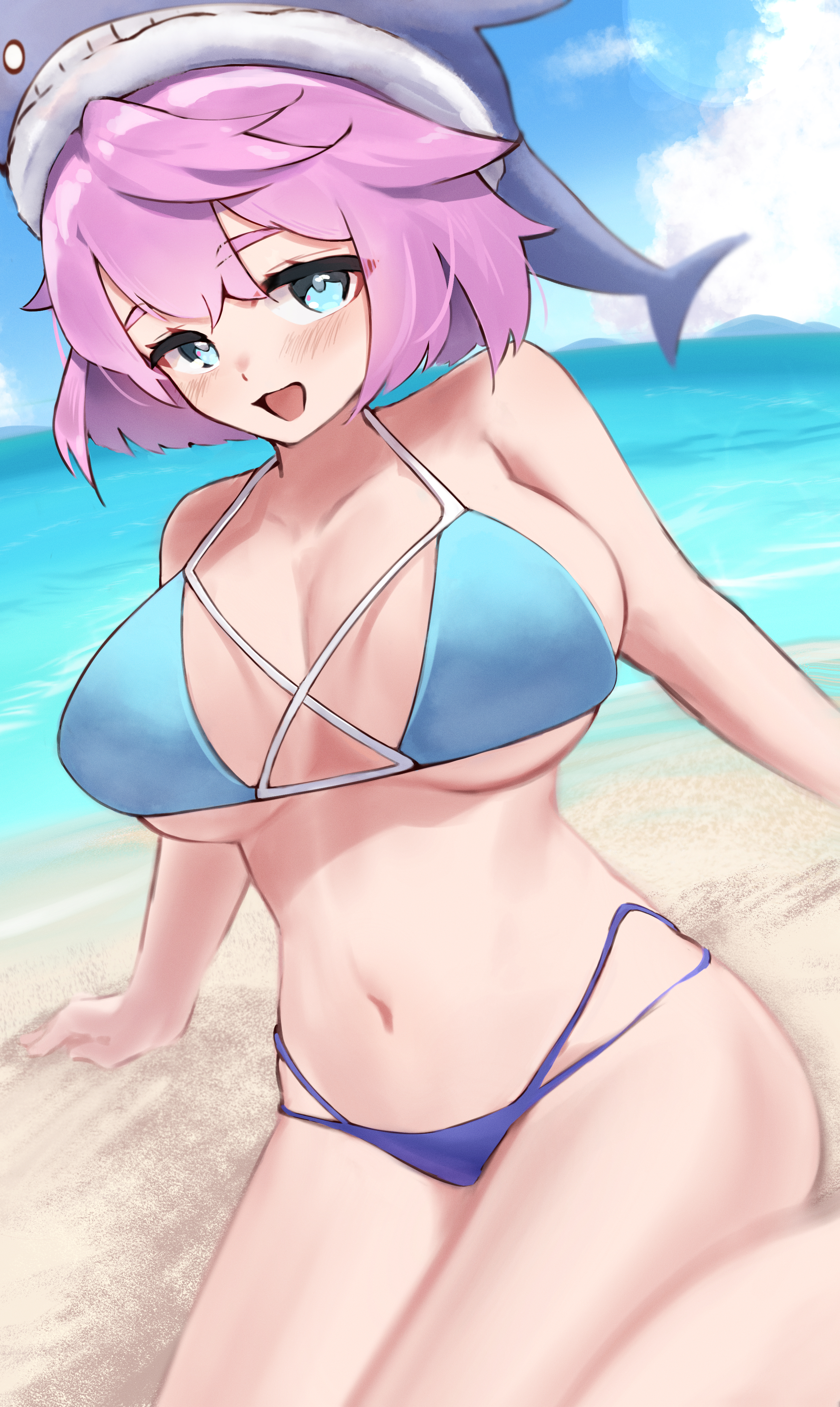 saniraku, okunoda miyoi, touhou, absurdres, commentary request, highres, 1girl, bikini, blue bikini, blue eyes, blue sky, blush, breasts, cleavage, cloud, cross-laced clothes, hair ornament, horizon, large breasts, looking at viewer, navel, ocean, open mouth, outdoors, pink hair, short hair, sky, solo, swimsuit, whale hair ornament