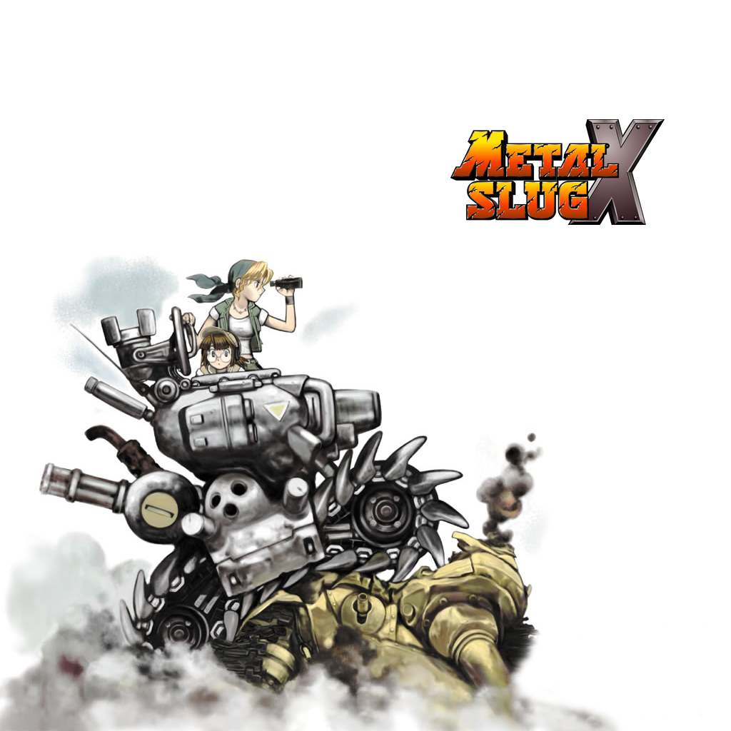 fio germi, kasamoto eri, metal slug, metal slug x, snk, vehicle, official art, official wallpaper, 2girls, caterpillar tracks, glasses, midriff peek, military, military vehicle, motor vehicle, multiple girls, sv001 (metal slug), sv001 (metalslug), tank