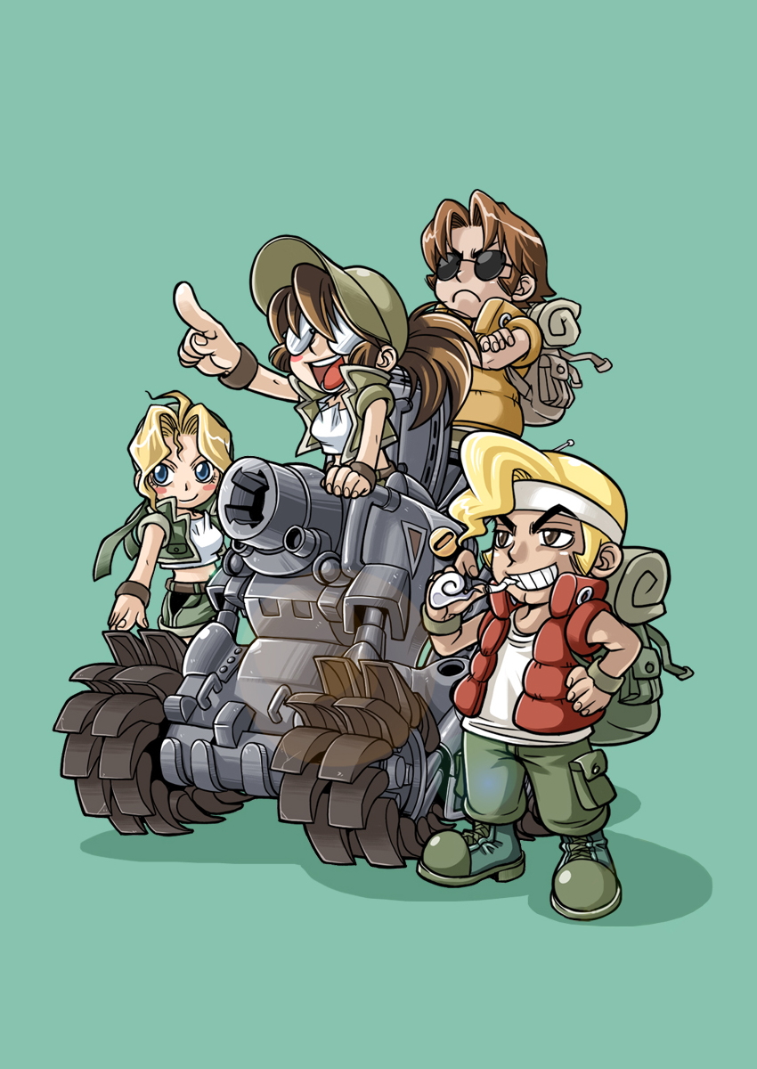 fio germi, kasamoto eri, marco rossi, tarma roving, metal slug, snk, vehicle, highres, 2boys, 2girls, caterpillar tracks, cigarette, glasses, hat, military, military vehicle, motor vehicle, multiple boys, multiple girls, smoking, sv001 (metal slug), sv001 (metalslug), tank