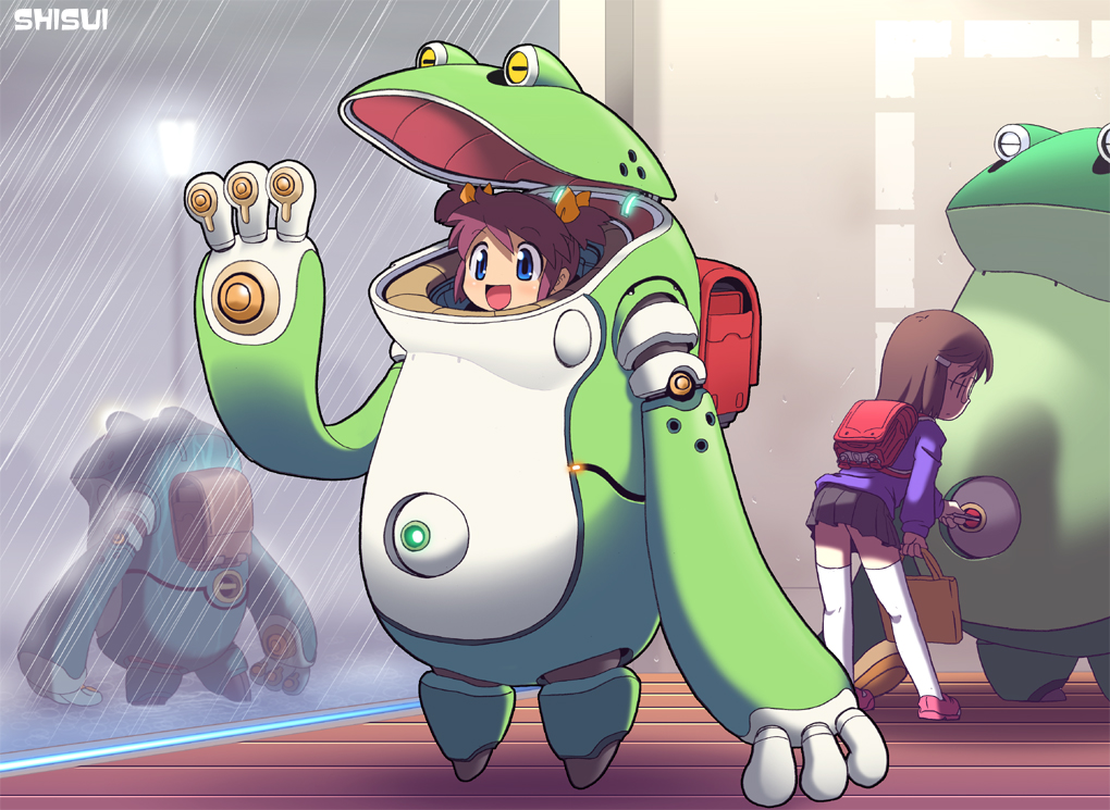 shisui, backpack, bag, happy, rain, randoseru, robot, thighhighs, waving