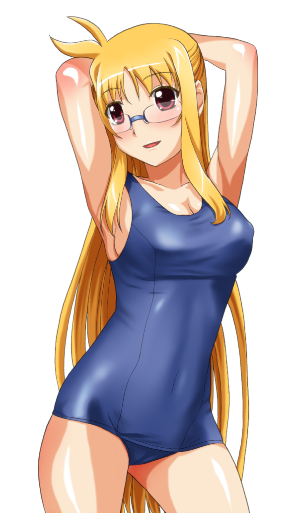 yuuki1103, fate testarossa, lyrical nanoha, mahou shoujo lyrical nanoha, 00s, blonde hair, glasses, long hair, one-piece swimsuit, red eyes, school swimsuit, solo, swimsuit