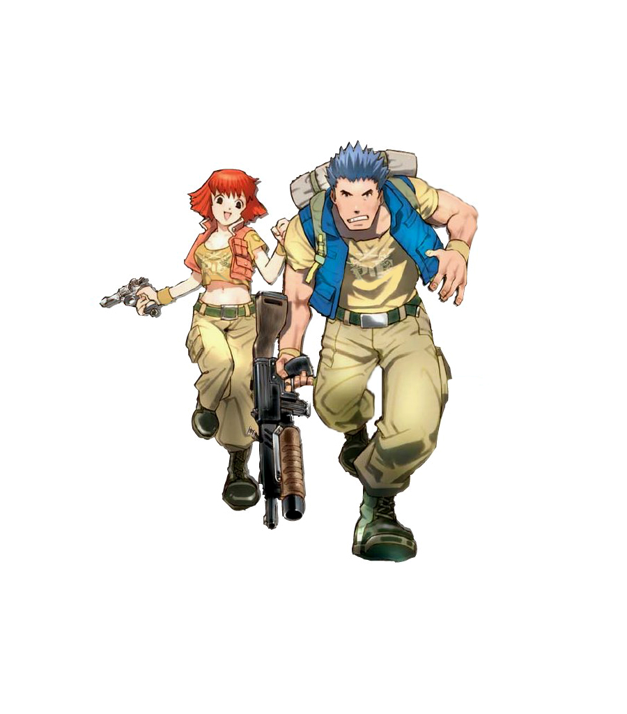 tyra elson, walter ryan, metal slug, metal slug advance, snk, 1boy, 1girl, assault rifle, blue hair, grenade launcher, gun, handgun, midriff, navel, pistol, red hair, revolver, rifle, weapon