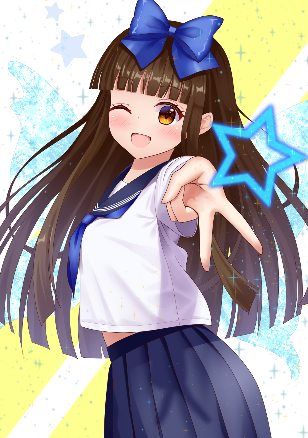 suigetsu (watermoon-910), star sapphire, touhou, commentary request, highres, 1girl, ;d, alternate costume, arm up, black skirt, blue bow, blue neckerchief, blunt bangs, blush, bow, breasts, brown eyes, brown hair, cowboy shot, dot nose, eyelashes, fairy wings, floating hair, foreshortening, from side, hair bow, happy, long hair, looking at viewer, medium breasts, midriff peek, neckerchief, one eye closed, open mouth, outstretched arm, perspective, pleated skirt, shirt, simple background, skirt, smile, solo, star (symbol), v, very long hair, white background, white shirt, wings, yellow background