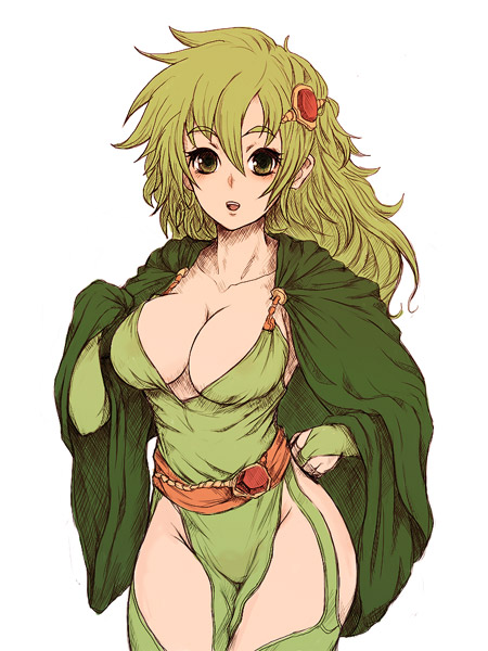 kara (color), rydia (adult) (ff4), rydia (ff4), final fantasy, final fantasy iv, bad id, bad pixiv id, 1990s (style), 1girl, breasts, cape, cleavage, curvy, female focus, green hair, large breasts, long hair, retro artstyle, simple background, solo, thighhighs