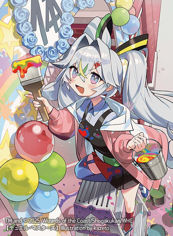 kazeto, dragon musume ni naritakunai!, duel masters, official art, 1girl, 2025, apron, artist name, balloon, black apron, blonde hair, blue eyes, bucket, from above, green hair, grey hair, hair ornament, holding, holding bucket, holding paintbrush, jacket, ladder, long hair, multicolored eyes, multicolored hair, multicolored jacket, open clothes, open jacket, open mouth, paint on clothes, paint stains, paintbrush, pink eyes, pink jacket, red socks, shirt, shoes, socks, solo, stepladder, sukune maron, twintails, uwabaki, very long hair, white jacket, white shirt