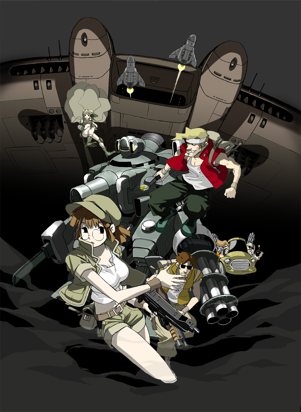 fio germi, kasamoto eri, marco rossi, tarma roving, metal slug, metal slug 5, snk, vehicle, highres, 2girls, 4boys, glasses, gun, handgun, hat, midriff, military, military vehicle, motor vehicle, multiple boys, multiple girls, navel, pistol, short shorts, shorts, shotgun, slug gunner, svwt001, tank, vest, weapon