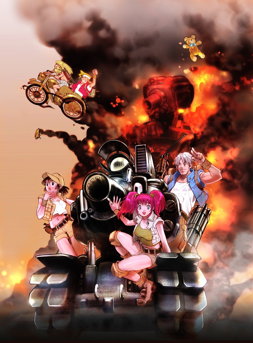 fio germi, marco rossi, nadia cassel, trevor spacey, metal slug, metal slug 4, snk, vehicle, highres, 2girls, 3boys, caterpillar tracks, fire, military, military vehicle, motor vehicle, multiple boys, multiple girls, stuffed animal, stuffed toy, sv001 (metal slug), sv001 (metalslug), tank, teddy bear