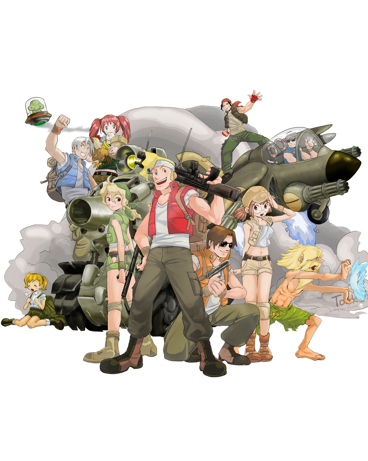 aikawa rumi, clark still, fio germi, hyakutaro ichimonji, kasamoto eri, marco rossi, mars people, nadia cassel, ralf jones, tarma roving, trevor spacey, metal slug, metal slug anthology, snk, vehicle, highres, official art, 4girls, 6+boys, caterpillar tracks, everyone, gun, hat, military, military vehicle, motor vehicle, multiple boys, multiple girls, slug flyer, sv001 (metal slug), sv001 (metalslug), svtf07v, tank, weapon