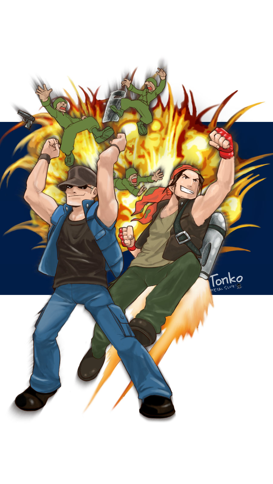 clark still, ralf jones, metal slug, snk, highres, 2boys, copyright name, hat, male focus, multiple boys, sunglasses
