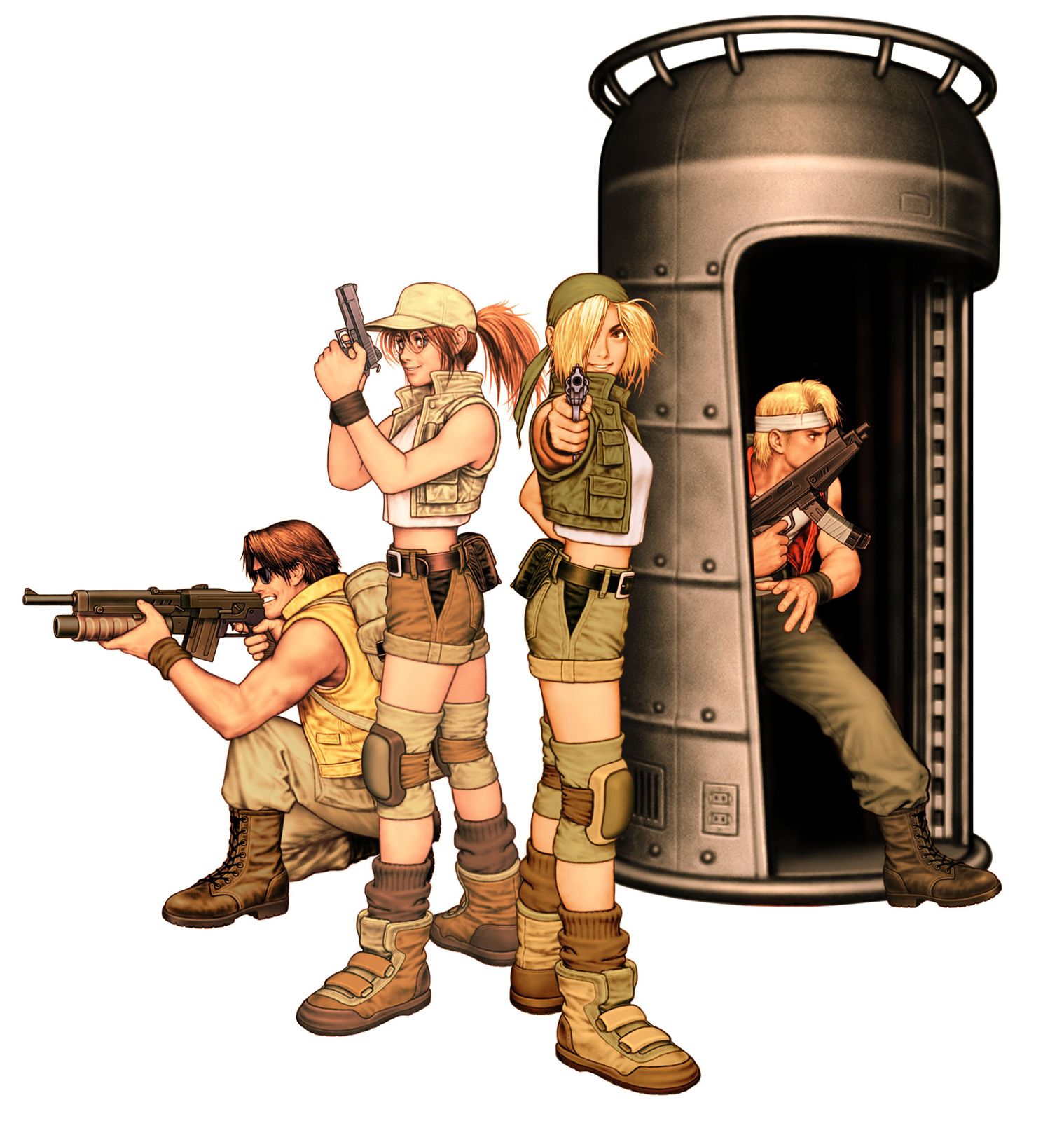 mori toshiaki, fio germi, kasamoto eri, marco rossi, tarma roving, metal slug, snk, highres, official art, 2boys, 2girls, aiming, aiming at viewer, assault rifle, backpack, bag, bandana, belt, blonde hair, boots, brown hair, crop top, glasses, gun, hair over one eye, handgun, hat, knee pads, looking at viewer, midriff, military, multiple boys, multiple girls, pistol, ponytail, realistic, revolver, rifle, short shorts, shorts, smile, socks, submachine gun, sunglasses, vest, weapon
