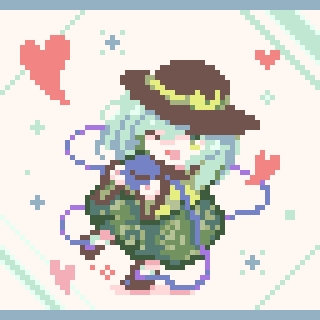 pii 614, komeiji koishi, touhou, commentary, lowres, 1girl, ;d, black hat, black shoes, chibi, full body, green eyes, green hair, green skirt, hat, hat ribbon, heart, looking at viewer, one eye closed, open mouth, pixel art, ribbon, shoes, short hair, simple background, skirt, smile, solo, third eye