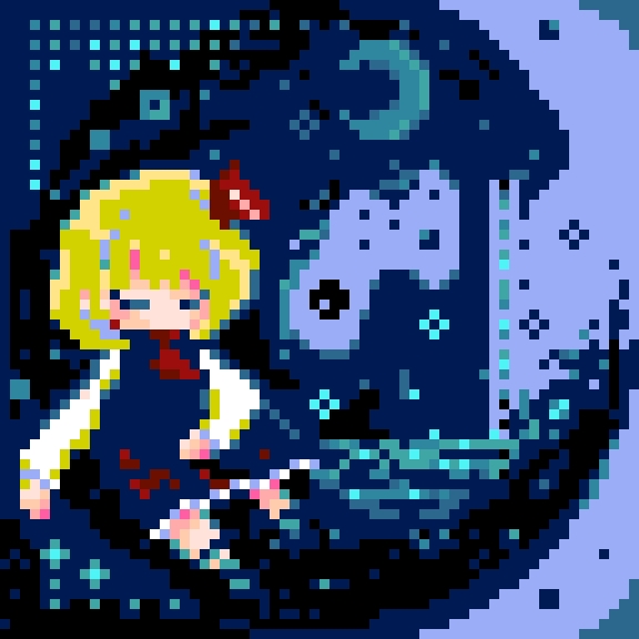 pii 614, rumia, touhou, 1girl, ascot, black background, blonde hair, closed eyes, crescent moon, darkness, full body, hair ribbon, long sleeves, moon, pixel art, red ascot, red ribbon, ribbon, short hair, solo