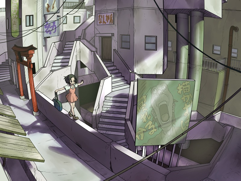 rokusho, original, looking away, wall, bad id, 1girl, bag, balancing, bare legs, billboard, black hair, city, dress, female focus, holding, holding bag, industrial pipe, no socks, outdoors, outstretched arms, pink dress, power lines, scenery, school bag, short sleeves, sign, solo, spread arms, stairs, torii, walking, wallwalking