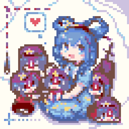 pii 614, kaku seiga, miyako yoshika, touhou, commentary request, lowres, 6+girls, blue hair, full body, hair ornament, hair rings, hair stick, heart, looking at viewer, multiple girls, open mouth, pixel art, short hair, smile