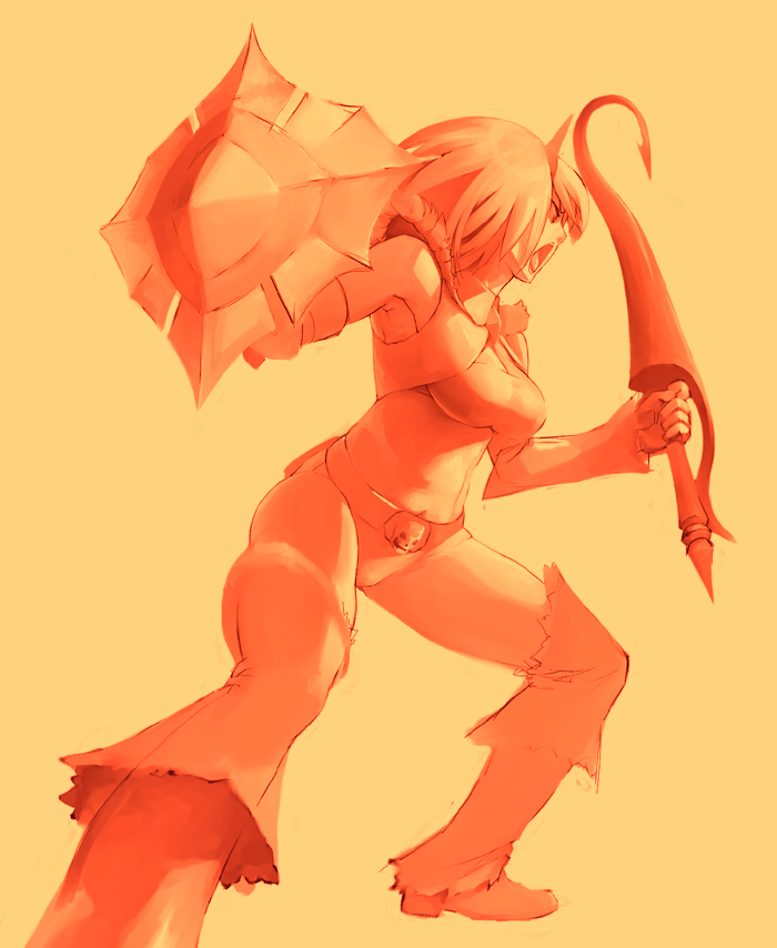 kurohachi, capcom, monster hunter (series), looking away, bad id, bad pixiv id, 1girl, angry, armpits, bandeau, belt, belt buckle, boots, breasts, buckle, cleavage, crop top, detached sleeves, female focus, fighting stance, foreshortening, fur trim, hairband, horns, kirin (armor), lance, large breasts, midriff, monochrome, open mouth, panties, polearm, shield, short hair, simple background, single horn, skull, solo, spread legs, thighhighs, underwear, vest, weapon