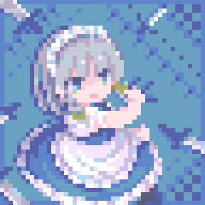 pii 614, izayoi sakuya, touhou, commentary, lowres, 1girl, apron, blue background, blue eyes, braid, full body, grey hair, knife, maid, maid headdress, pixel art, short hair, solo, twin braids, waist apron, white apron