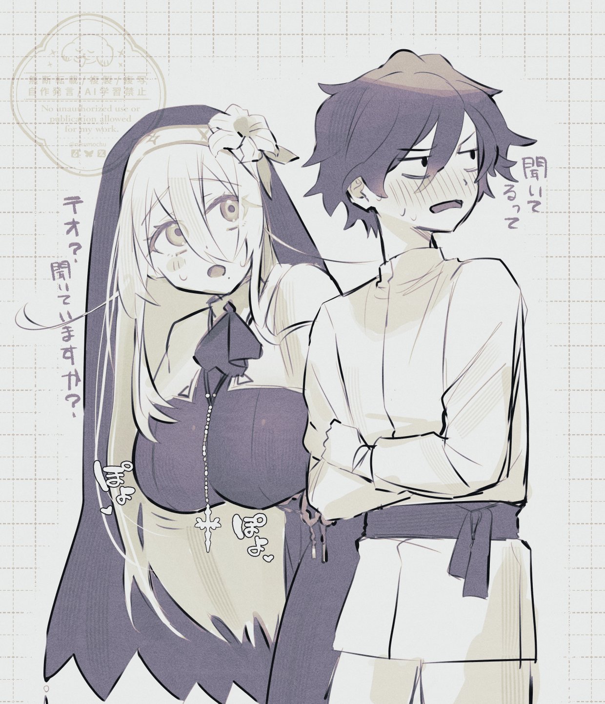 nikumochu, original, highres, 1boy, 1girl, blush, breasts, cross, cross necklace, crossed arms, dress, flower, hair flower, hair ornament, jewelry, large breasts, long hair, monochrome, necklace, nun, open mouth, pants, shirt, short hair, veil