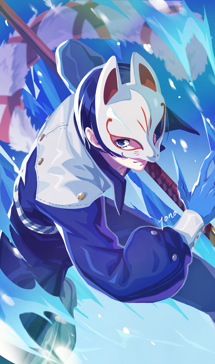 yono 999, fox (persona 5), kitagawa yuusuke, persona, persona 5, commentary request, highres, 1boy, artist name, bent over, black shoes, blue eyes, blue fire, blue gloves, blue hair, blue jacket, blue pants, blurry, blurry background, fire, foot out of frame, fox mask, fox tail, gloves, holding, holding sword, holding weapon, jacket, katana, leg up, light smile, looking at viewer, mask, multicolored jacket, pants, shoes, short hair, solo, sword, tail, two-tone jacket, weapon, white jacket, white mask