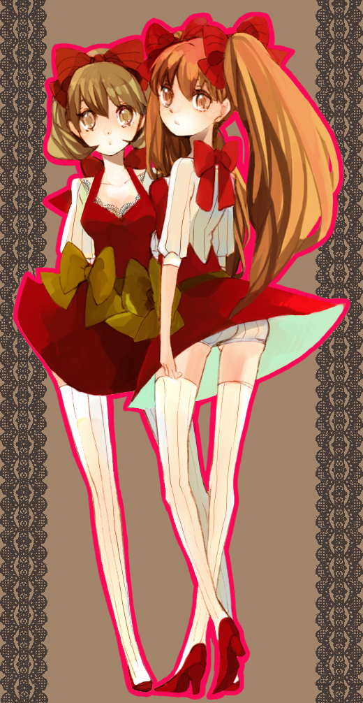 hagiko, original, bad id, bad pixiv id, 2girls, brown eyes, brown hair, clothes lift, dress, flat chest, high heels, long hair, multiple girls, panties, pantyhose, red hair, ribbon, shoes, short hair, skirt, skirt lift, thighhighs, twintails, underwear