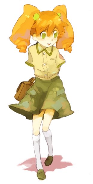 junmai karin, medarot, looking away, bad id, bad pixiv id, 1girl, :d, arms behind back, bag, briefcase, buttons, female focus, flat chest, full body, green eyes, hair between eyes, hair ornament, holding, kneehighs, loafers, long hair, open mouth, orange hair, red hair, school bag, school uniform, serafuku, shadow, shirt, shoes, short sleeves, simple background, skirt, smile, socks, solo, standing, twintails, white background, white socks, wing collar