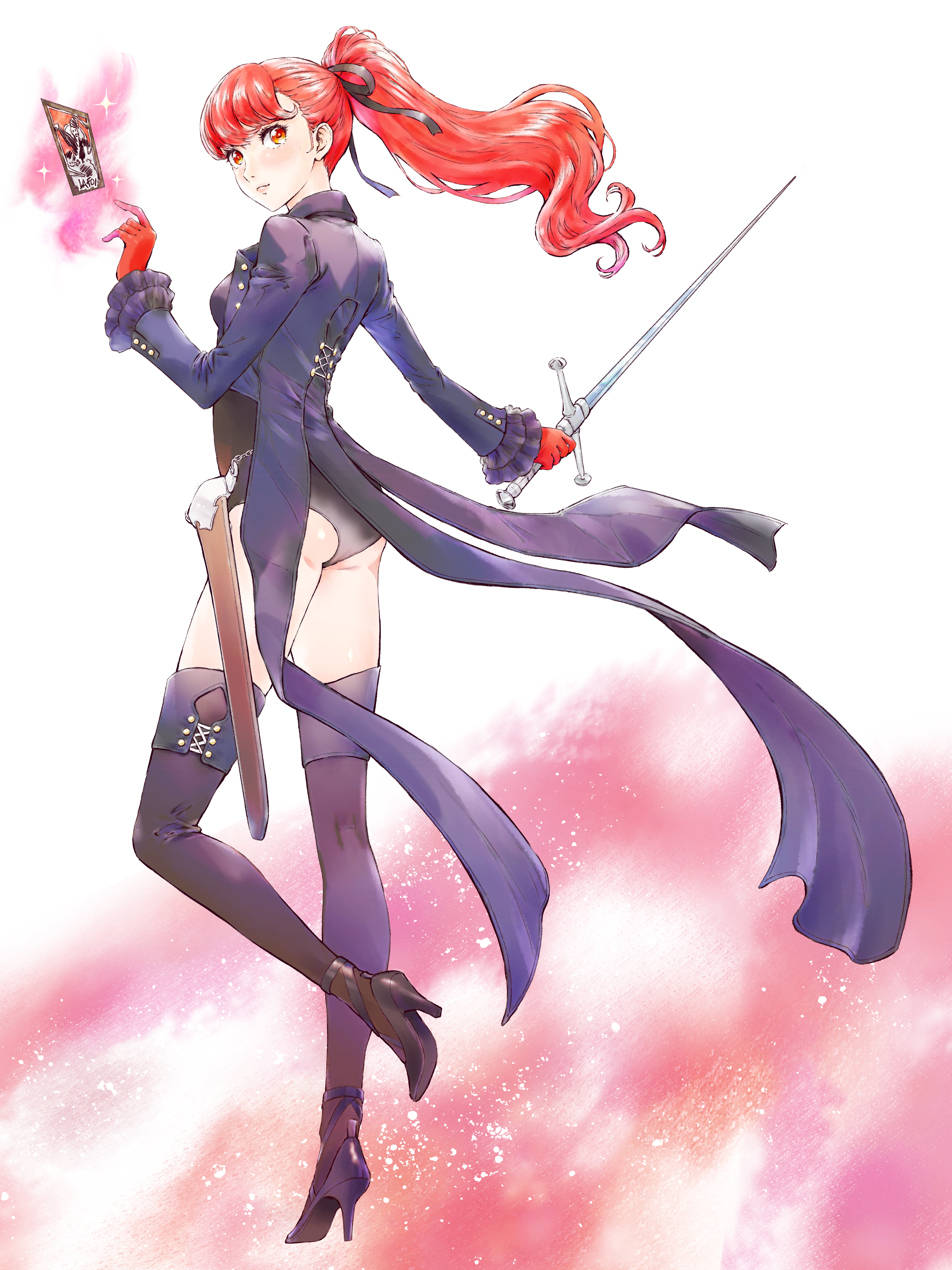 momo oddeye, yoshizawa kasumi, persona, persona 5, persona 5 the royal, absurdres, highres, 1girl, ass, black jacket, black leotard, black ribbon, black shoes, black thighhighs, breasts, closed mouth, from side, full body, gloves, hair ribbon, high heels, holding, holding sword, holding weapon, jacket, layered sleeves, leotard, long hair, long sleeves, orange eyes, ponytail, pumps, red gloves, red hair, ribbon, shoes, small breasts, solo, sword, thighhighs, weapon