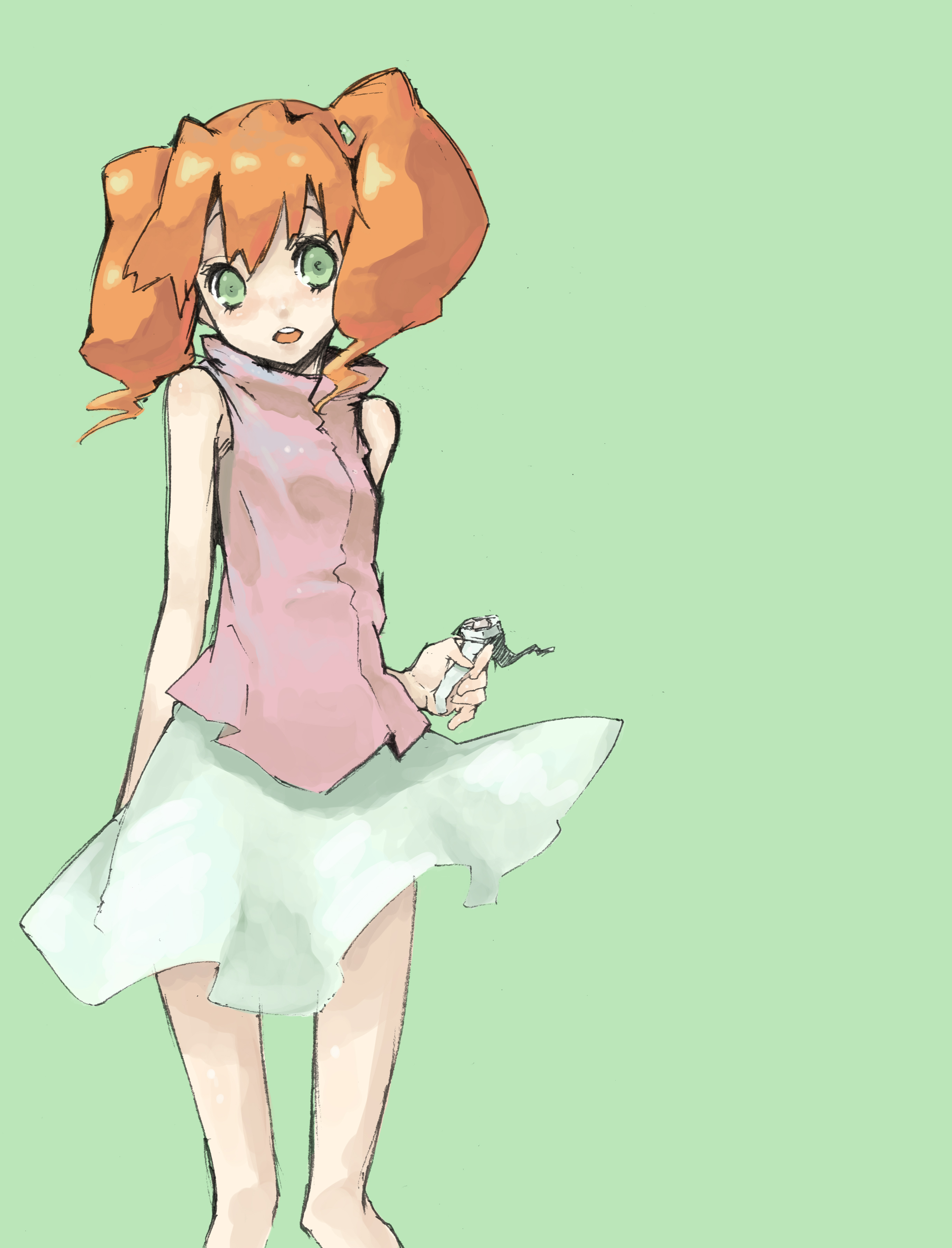 abara heiki, junmai karin, medarot, absurdres, highres, 1girl, :d, blush, female focus, flat chest, green background, green eyes, holding, long hair, looking at viewer, open mouth, orange hair, red hair, shirt, simple background, skirt, sleeveless, sleeveless shirt, smile, solo, standing, turtleneck, twintails, watch, wristwatch